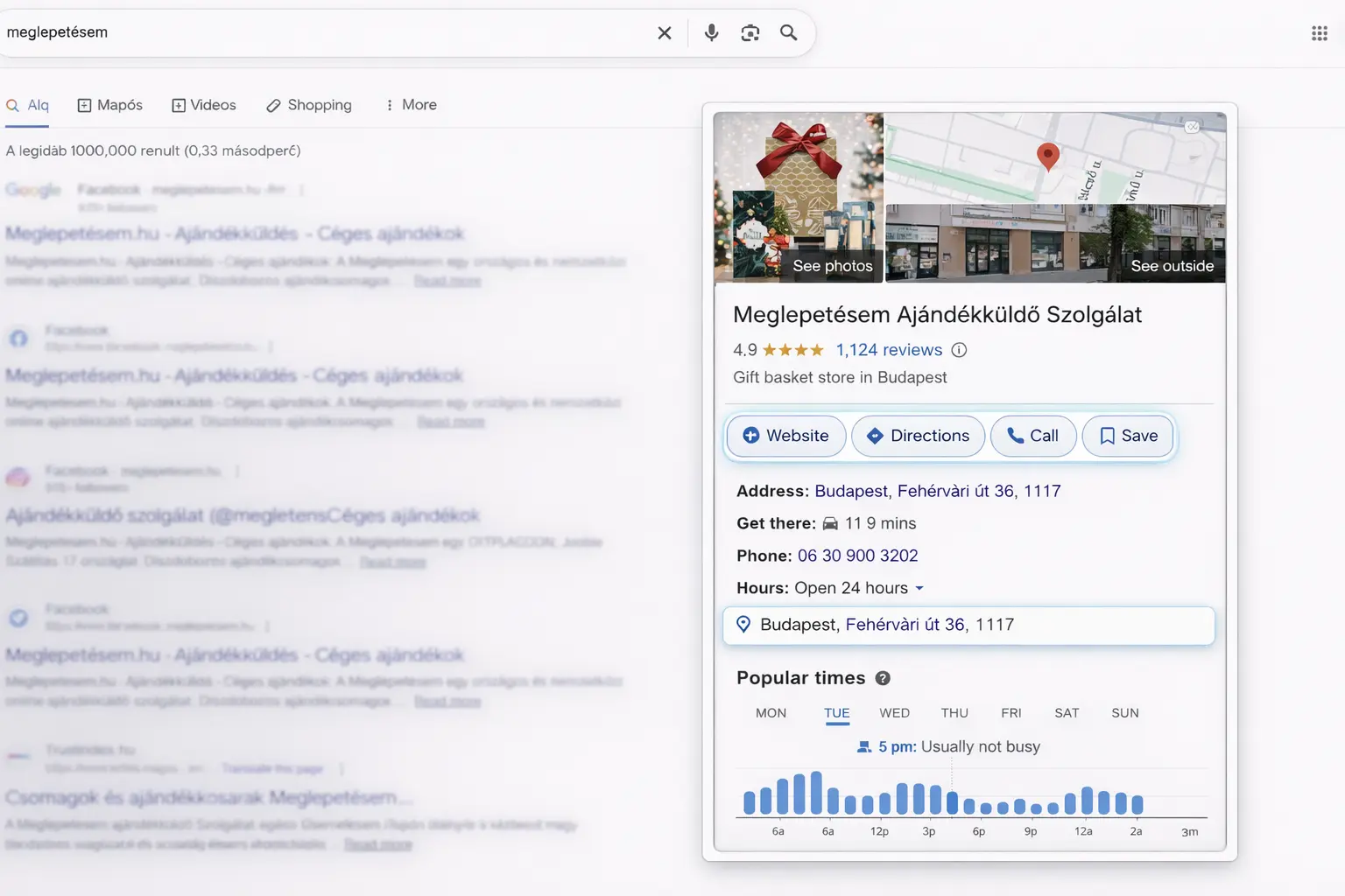Google Business Profile megjelenés a Google keresőben (desktop nézet)